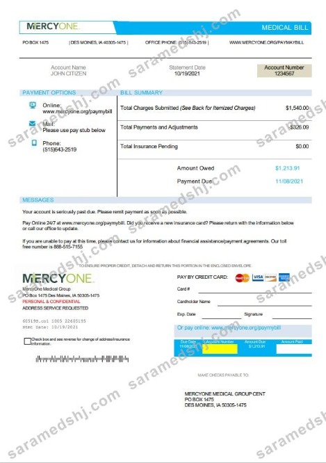 USA Iowa MercyOne medical bill template in Word and PDF format